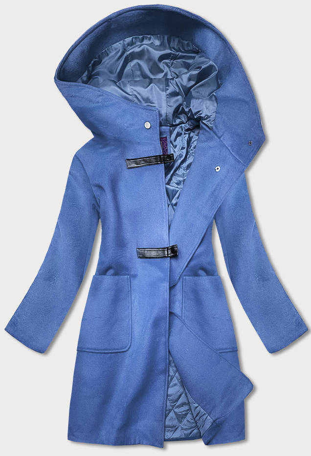 Krótki damski płaszcz z kapturem niebieski (gsq2311)
