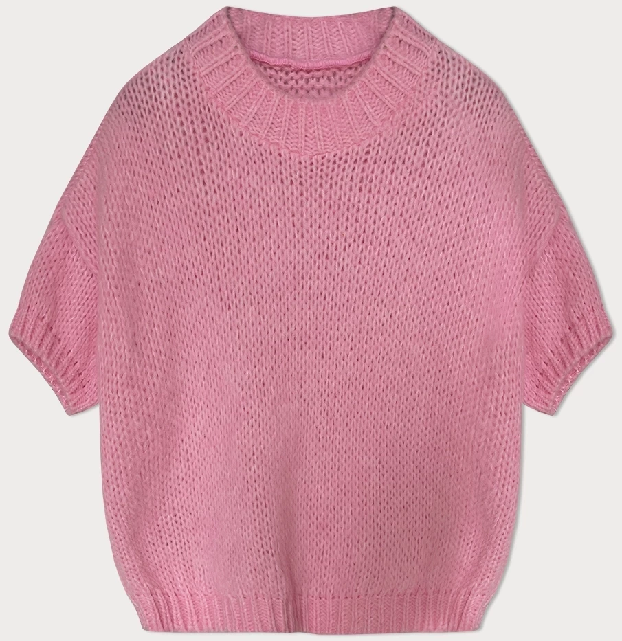 Luźny sweter damski z krótkim rękawem brudny różowy (760ART)