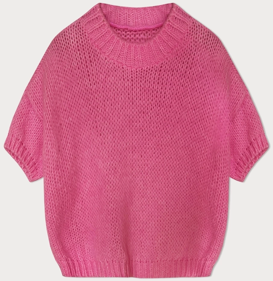 Luźny sweter damski z krótkim rękawem neonowy różowy (760ART)