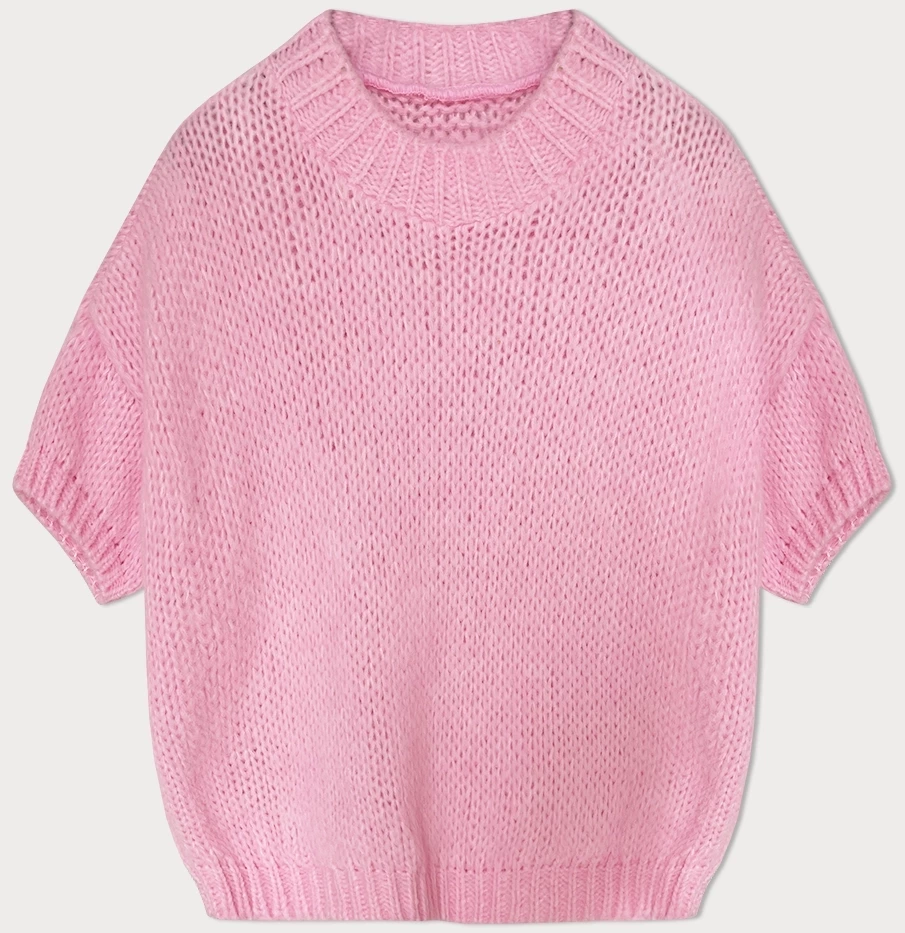 Luźny sweter damski z krótkim rękawem różowy (760ART)