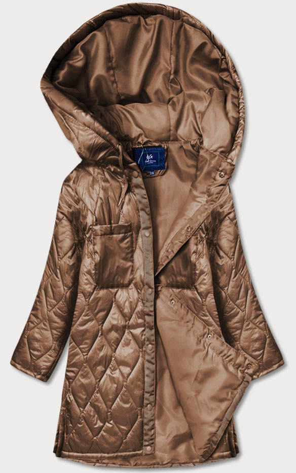 Oversizowa pikowana kurtka damska z kapturem brązowa (ag5-010)
